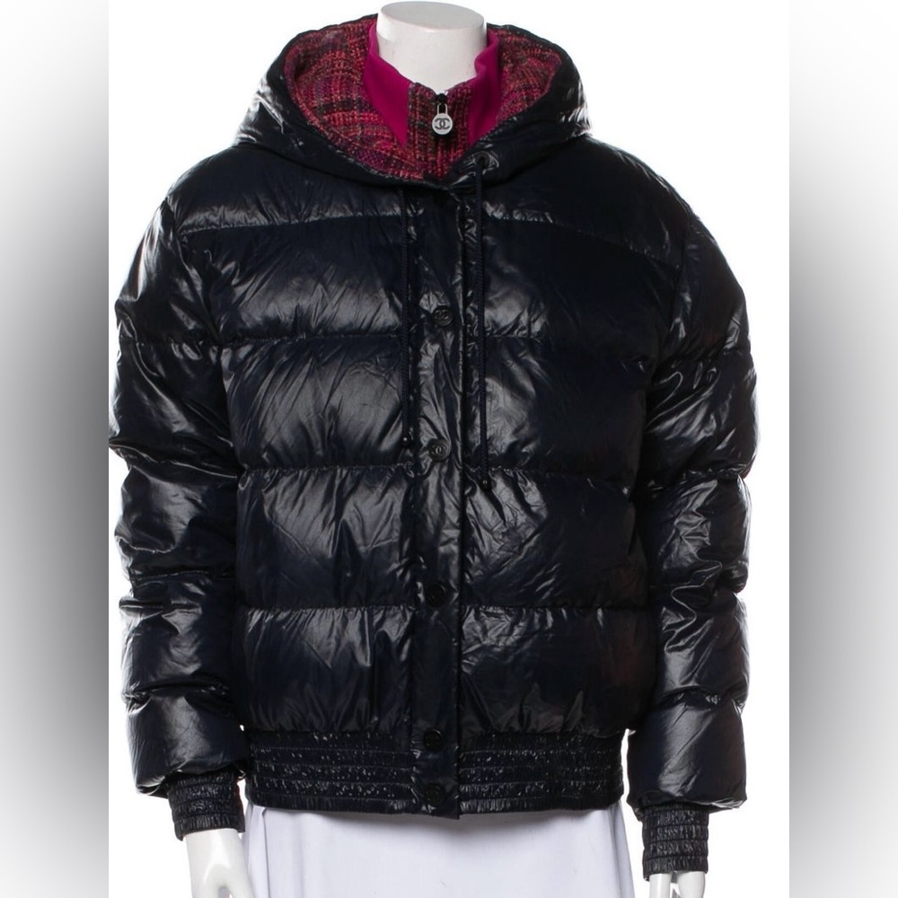 Chanel  Pink Tweed and Navy Nylon Coco Neige Puffer Jacket